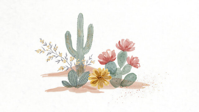 Watercolor of green cacti with blooming desert flowers isolated on a transparent background
