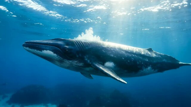 fin whale swimming underwater close up in mediterranean sea morning light video