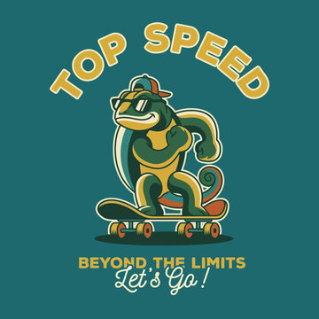 A vibrant illustration of a confident lizard skating with sunglasses, embodying themes of speed and adventure, ideal for fun-loving sports enthusiasts and kids.