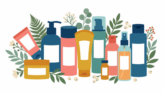 An artistic arrangement of various cosmetic bottles surrounded by leaves and flowers, reflecting beauty, nature, and the importance of sustainable products for skincare.