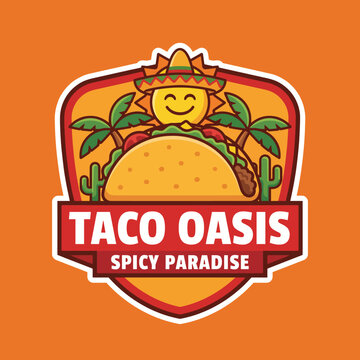 A vibrant logo featuring a smiling sun and tacos surrounded by palm trees, promoting a taco shop's fun and lively atmosphere, perfect for food enthusiasts.