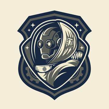 This image showcases a futuristic robot in a space suit, emphasizing innovation and exploration in a stylish, modern illustration with an emblematic shield background.