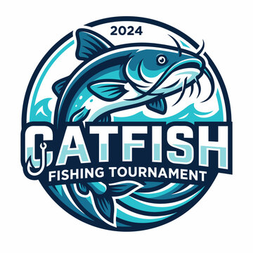 This eye-catching graphic showcases a majestic catfish in a circular design for a fishing tournament, perfect for capturing the spirit of the sport and aquatic adventure.
