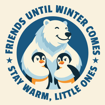 A charming illustration of a friendly polar bear with two penguins, conveying warmth and companionship, reflecting themes of friendship, support, and winter's playful spirit.