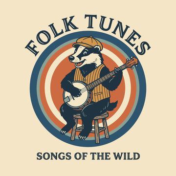 An adorable badger character illustrated as a folk musician playing banjo, perfect for music-related themes and creative art projects celebrating cultural storytelling.