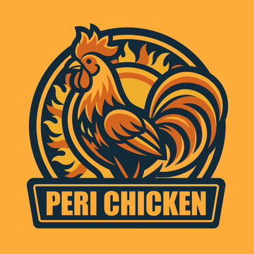 An eye-catching logo design of a peri chicken, adorned with vibrant flames and colors, ideal for restaurants specializing in grilled or spicy chicken dishes.