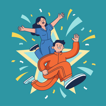 A vibrant illustration of a boy and girl joyfully posing against a starry background, embodying celebration and accomplishment in a fun and energetic style.