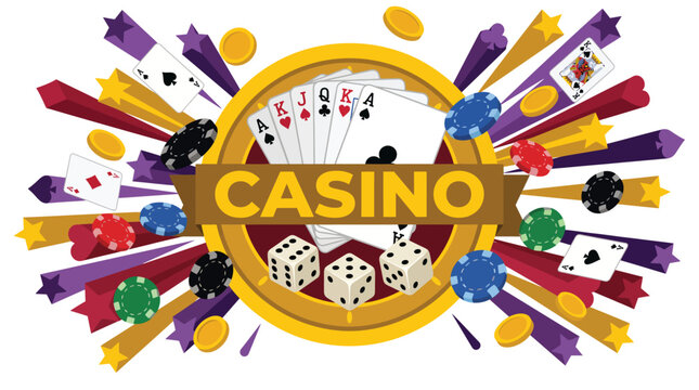 A lively logo showcasing casino elements like cards, chips, and dice, ideal for gambling establishments and entertainment venues focused on fun and games.