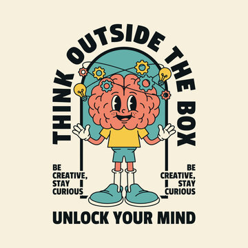 This lively illustration promotes creative thinking, featuring a brain character surrounded by light bulbs, embodying the importance of curiosity and imagination in innovation and creativity.