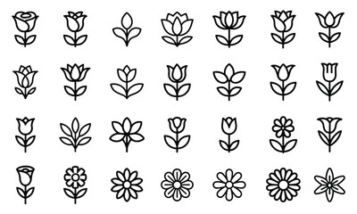 Fototapeta premium Comprehensive collection of twenty-eight minimalist flower line icons featuring various floral blooms isolated on white background.