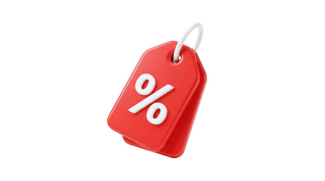Red discount tag for sales and shopping online. Price percent emblem offer promotion isolated. 3d rendering.