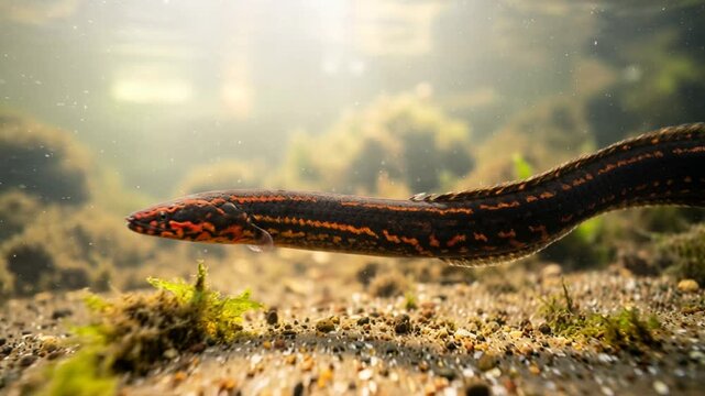 fire eel underwater close up in mekong river morning light video