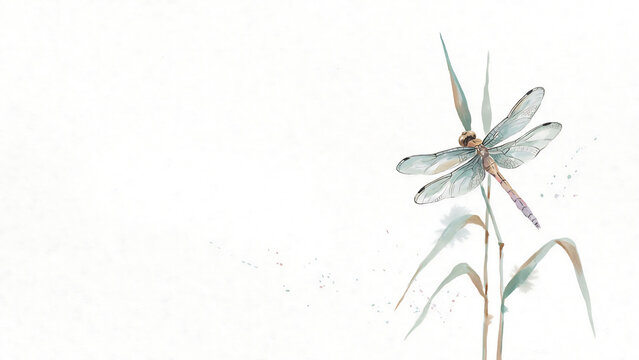A delicate dragonfly perched on a slender green reed isolated on a transparent background