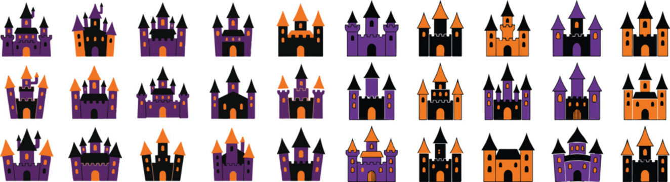 Halloween castle clip art spooky purple and orange castle icons for halloween decorations and party invitations