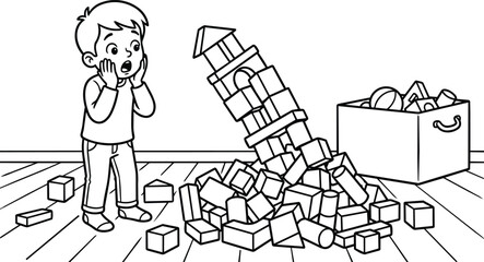 Obraz premium Child astonished by toppled block tower in a messy toy room play time accident