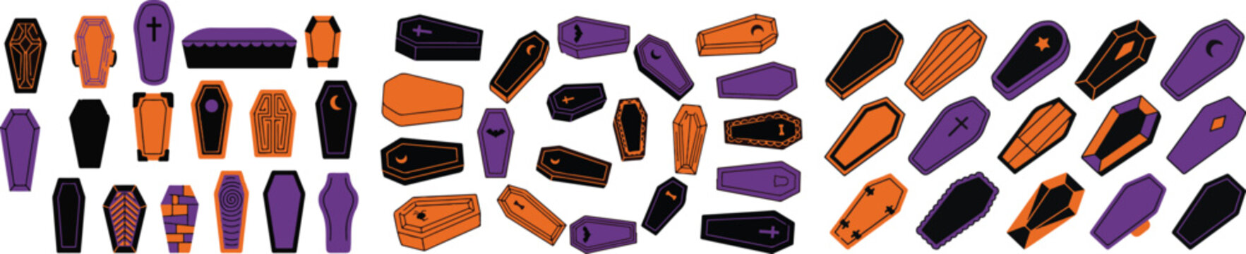 Halloween coffin icons set spooky black orange and purple graphics for halloween decorations and designs