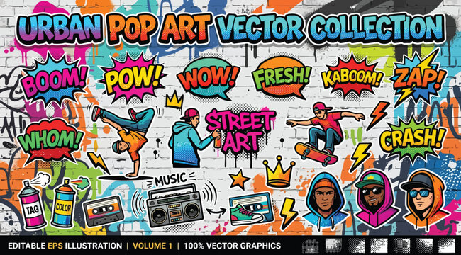 Urban pop art vector collection with graffiti elements, comic bubbles, and street style characters