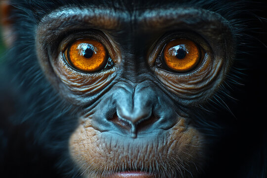 Chimpanzee infant intense close-up portrait with glowing amber eyes, expressive primate face details, wildlife conservation concept, emotional animal gaze, cinematic macro photography.