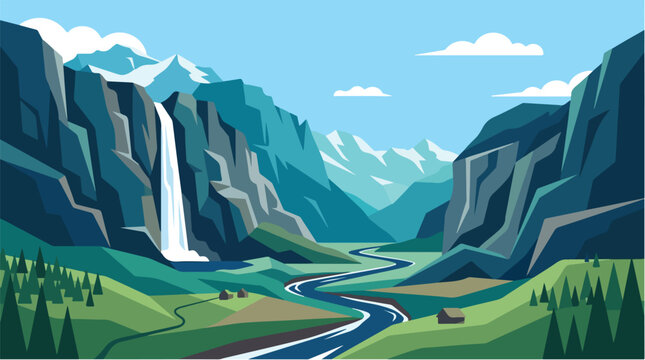 Scenic landscape of a lush green valley with flowing river, majestic mountains, waterfalls, and clear blue sky