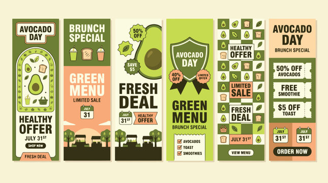 Avocado Day vertical banner set, green menu brunch special web templates, healthy food promotion flyers with fresh deal discount labels