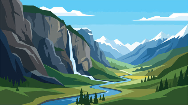 Beautiful mountain landscape with flowing river lush green valleys and towering cliffs under a bright blue sky