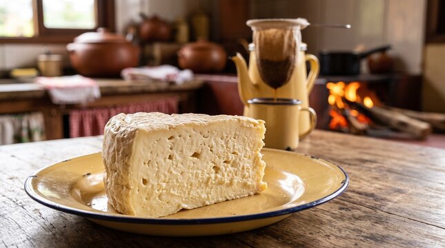 Commercial eye-level food photography of a traditional rustic Brazilian country breakfast, featuring Minas cheese, artisan sweet breads, and fresh coffee dripping on a wood-burning stove &ndash; premium reg