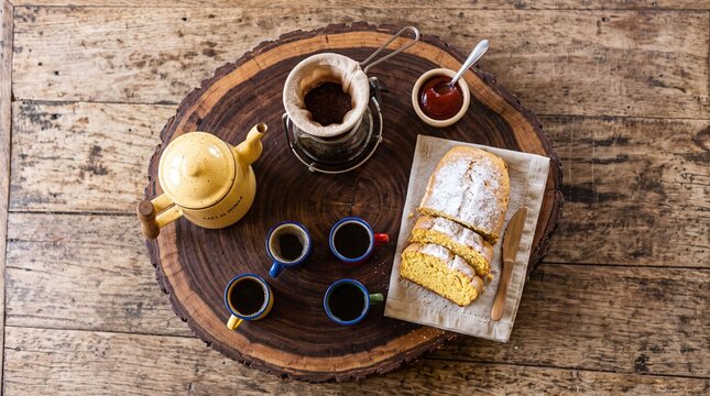 Commercial eye-level food photography of a traditional rustic Brazilian country breakfast, featuring Minas cheese, artisan sweet breads, and fresh coffee dripping on a wood-burning stove &ndash; premium reg