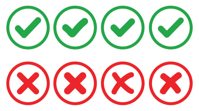 Green check mark and red cross icons set, 8 vector symbols for approval and rejection, flat circular validation buttons for web and app UI