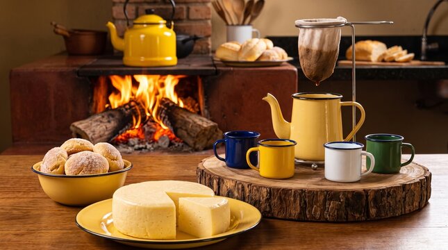 Commercial eye-level food photography of a traditional rustic Brazilian country breakfast, featuring Minas cheese, artisan sweet breads, and fresh coffee dripping on a wood-burning stove &ndash; premium reg
