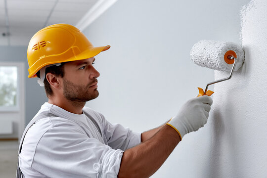 A man is painting a wall with a roller in a room