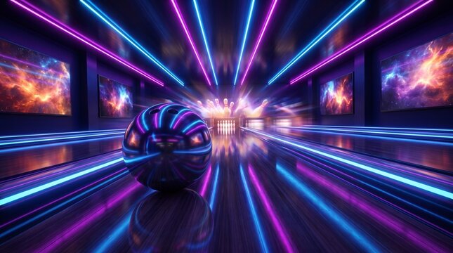 A surreal, futuristic bowling alley illuminated by vibrant neon lights in shades of blue and purple, with a metallic bowling ball positioned centrally on the polished lane. The walls feature abstract.