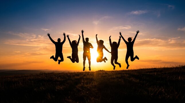 A group of six friends jumping with joy on a hill at sunset. Their silhouettes are outlined against the vibrant sky, embodying freedom and happiness