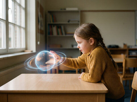 Curious schoolgirl interacting with a glowing holographic Earth globe in a classroom exploring digital learning technology and the future of education