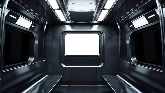 Dark Futuristic Subway Train Interior with Blank Screen and Bench Seats compo