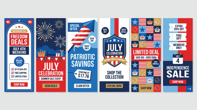 Fourth of July sale banners set, patriotic Independence Day promotion web headers, red white and blue July celebration marketing vertical layouts