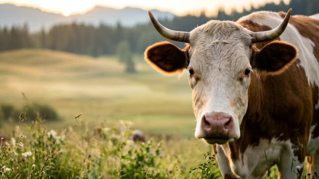 fleckvieh cattle close up in bavarian alps morning light video