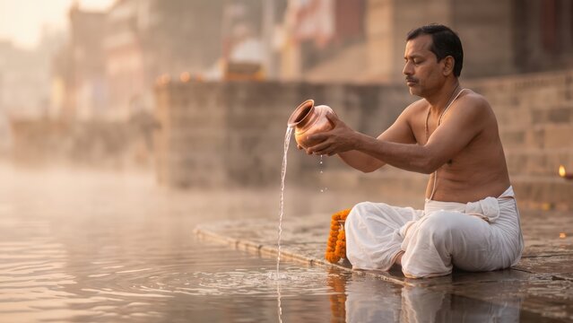 Hindu Priest Performing Arghya &ndash; Sacred Sunrise River Ritual.