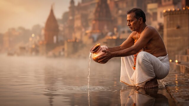 Hindu Priest Performing Arghya &ndash; Sacred Sunrise River Ritual.
