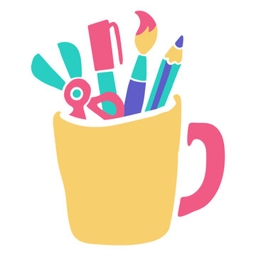 Cup with a pencil, scissors, and crayons in it
