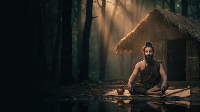 Sage Agastya Forest Hermitage &ndash; Spiritual Ashram Meditation Scene.