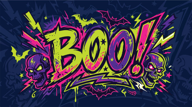 Vibrant Neon BOO Halloween Graffiti Typography Background with Comic Skulls and Flying Bats
