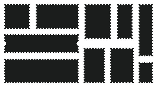 Vintage postage stamp silhouettes, set of 10 blank black mail stamp templates with perforated edges, postal frame vector icons for scrapbooking