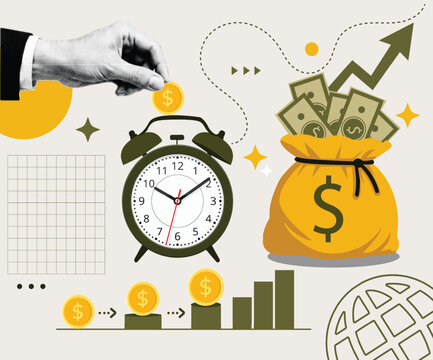 Halftone Pop Art Collage with Hand Dropping Coin into Clock, Money Bag and Growing Bar Chart. Time is Money, Financial Investment and Wealth Growth Concept. Retro Vintage Style with Dollar