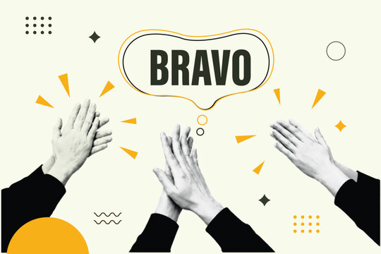 Halftone Pop Art Collage with Clapping Hands and Bravo Speech Bubble. Applause, Appreciation, and Achievement Celebration Concept. Retro Vintage Style with Yellow Geometric Shapes and Typography