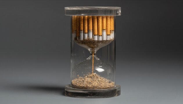Hourglass with top chamber full of cigarettes, bottom empty and clean, time for change, transitional moment, decision point visualization, temporal threshold