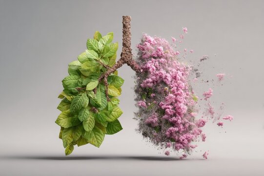 Human lungs made of fresh green leaves and pink healthy tissue, split comparison showing one side deteriorating into ash and smoke, medical illustration concept