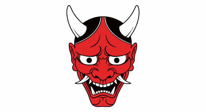 Stylized red horned demon mask illustration featuring sharp fangs and intense expression on a clean white background