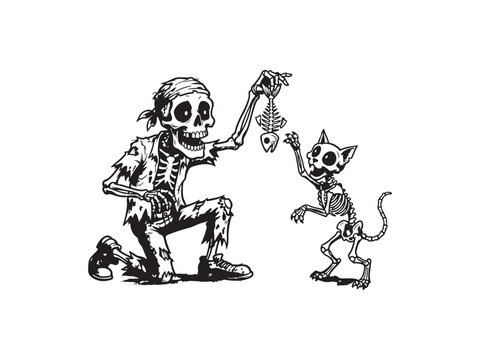 Skeleton man and cat playing with skeleton fish