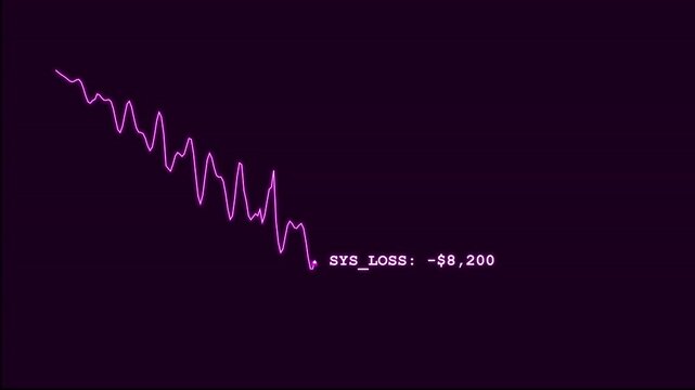 Financial loss screen showing a declining system value graph and negative numbers on a dark monitor