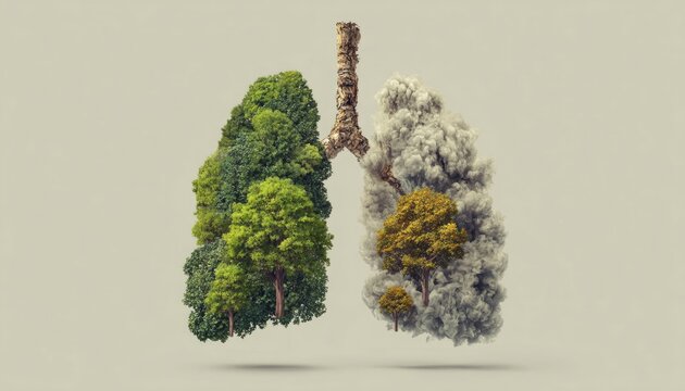 Human lungs made of fresh green trees versus lungs made of cigarette smoke, split composition, hyper-realistic, environmental concept, vibrant colors